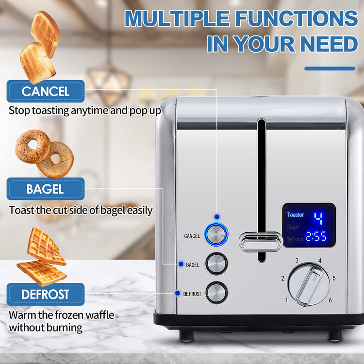 2 Slice Stainless Steel Toaster with Digital LED Display