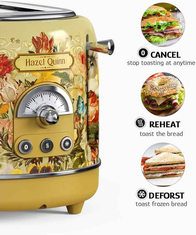 Hazel Quinn X Eduardo Recife Retro Breakfast Set, 2-Slice Toaster & Electric Kettle Bundle, 6 Browning Levels, Extra Wide Slots, 1200W Fast Boiling, 1.7L Stainless Steel - Floral Artistic Design