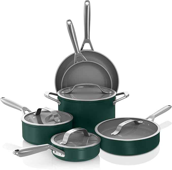 Ninja Ceramic Pro 10-Piece Cookware Set, NonStick Pots & Pans Set with Glass Lids, Nontoxic, PTFE Free, Ceramic Coated, Oven Safe, All Stovetops & Induction Compatible, British Racing Green, CW39010GN