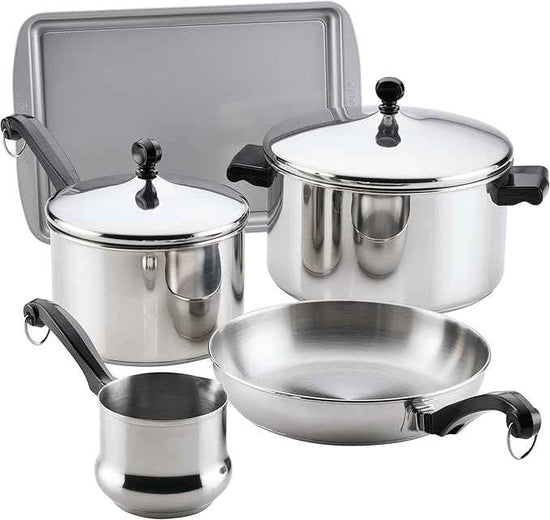 Farberware Classic Series Stainless Steel Pots and Pans with Baking Sheet Pan, Cooking Tools, and Lids, Induction Ready, Dishwasher Safe, 10 Piece Cookware Set, Metal Utensil Safe - Stainless Steel