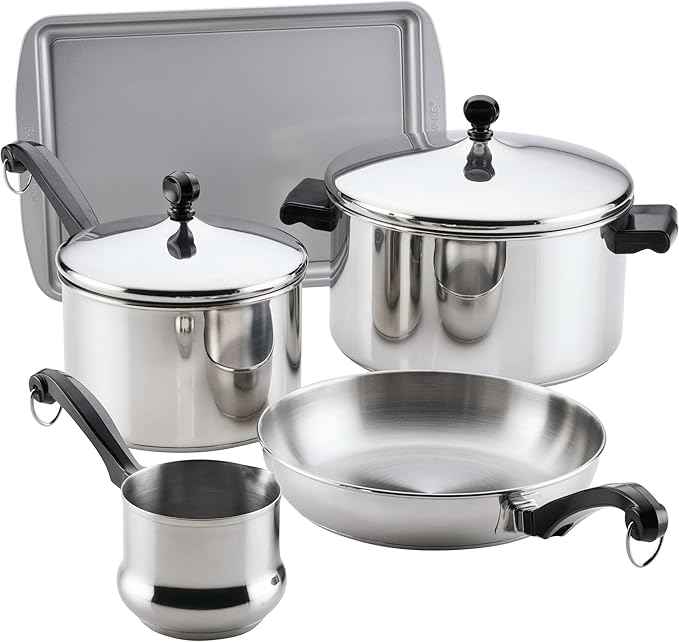 Farberware Classic Series Stainless Steel Pots and Pans with Baking Sheet Pan, Cooking Tools, and Lids, Induction Ready, Dishwasher Safe, 10 Piece Cookware Set, Metal Utensil Safe - Stainless Steel