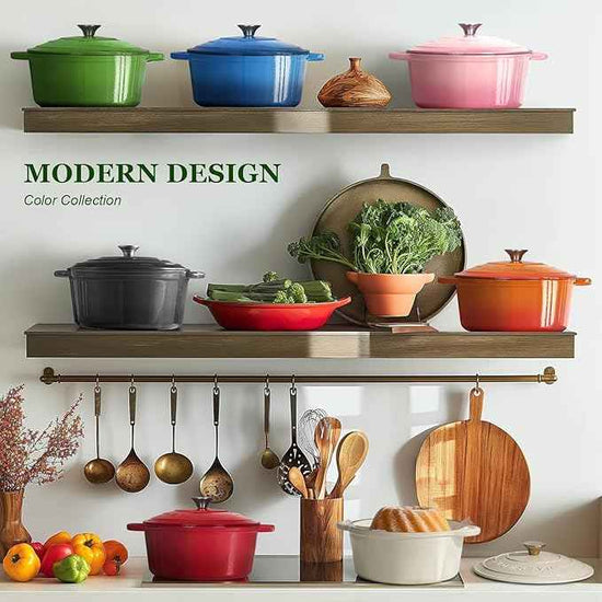 Overmont Enameled Cast Iron Dutch Oven - 5.5QT Pot with Lid Cookbook & Cotton Potholders - Heavy-Duty Cookware for Braising, Stews, Roasting, Bread Baking Green