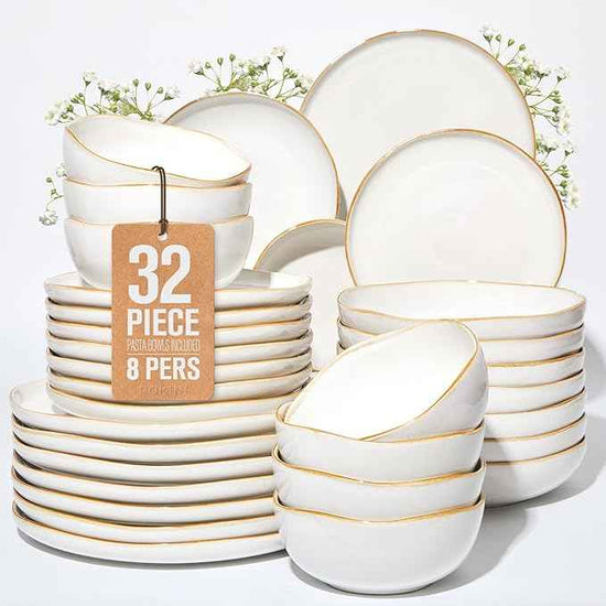 32 Piece White Dinnerware Set with Pasta Bowls, Reactive Glaze Stoneware for 8 | Perfect for Multi‑Course Dinners, Hosting Large Groups, Holiday Serving Needs