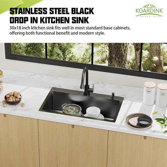 Black 30x18 In Drop In Kitchen Sink-Stainless Steel Topmount Modern Single Bowl Kitchen Sink Come With Silicon Mat,Drain Strainer Set Offer Large Basin And Compatibility With Various Kitchen&Bar Style