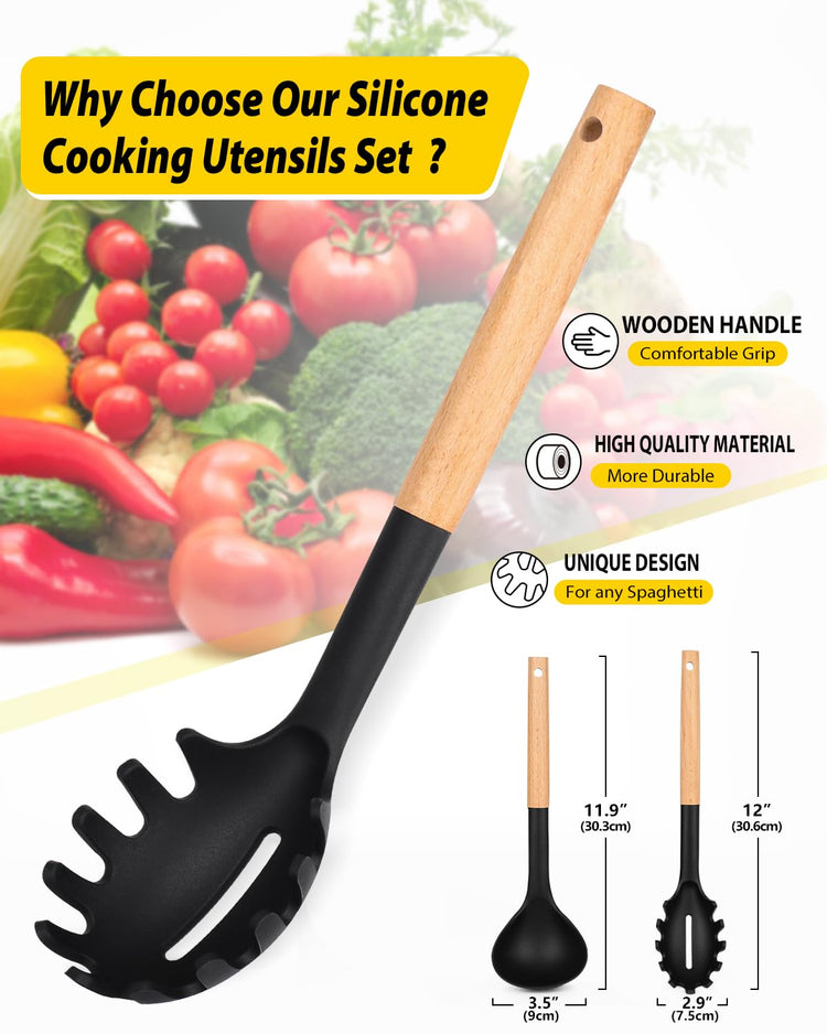 Silicone Pasta Fork and Ladle Spoon Set with Wooden Handle (2 Count)