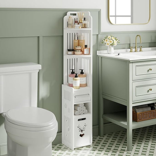 VECELO Storage Cabinet for Small Spaces,Skinny Toilet Paper Holder Stand with 3 Shelves,No Drills, (White, 3Shelf+1Drawer)