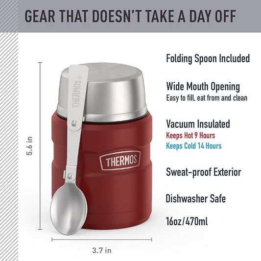 THERMOS Stainless King Vacuum-Insulated Food Jar with Spoon, 16 Ounce, Rustic Red