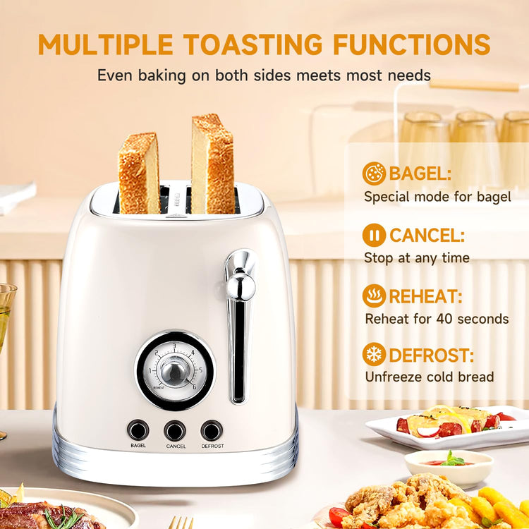 Beige Cute Retro Toaster 2 Slice with 1.58" Wide Slots