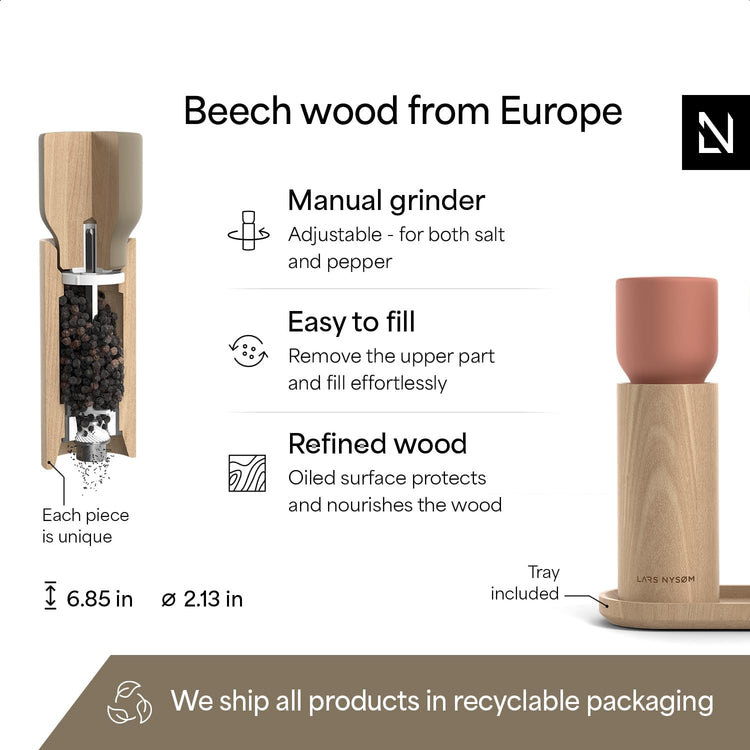 LARS NYSØM Wooden Salt and Pepper Grinder Set Manual with Tray - Salt and Pepper Mills with Adjustable Ceramic Grinder - Elegant Beechwood Pepper and Salt Mill Set for Dining Table (Red/Brown)
