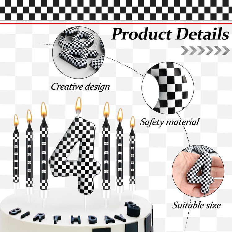 13 Pcs Racing Cars Themed Birthday Candles Black and White Race Number 4 Checkered Candle Cake Topper for Racing Car Party Decoration Supplies (13 Count)
