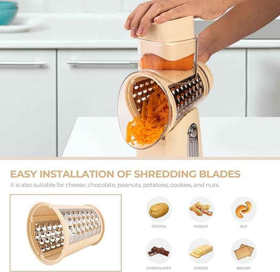 SUSTEAS Rotary Cheese Grater with Handle - Vegetable Shredder with 5 Well-designed Blades & Strong Suction Base,Round Mandoline Slicer & Food Chopper for Kitchen,with Blade Storage Box(Beige)