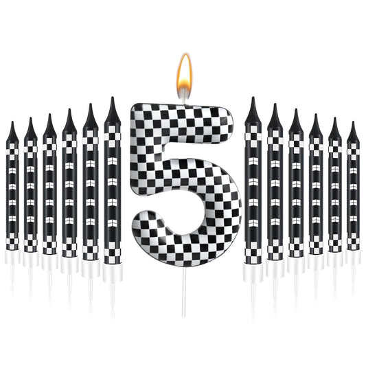 13 Pcs Racing Cars Themed Birthday Candles Black and White Race Number 5 Checkered Candle Cake Topper for Racing Car Party Decoration Supplies (13 Count)
