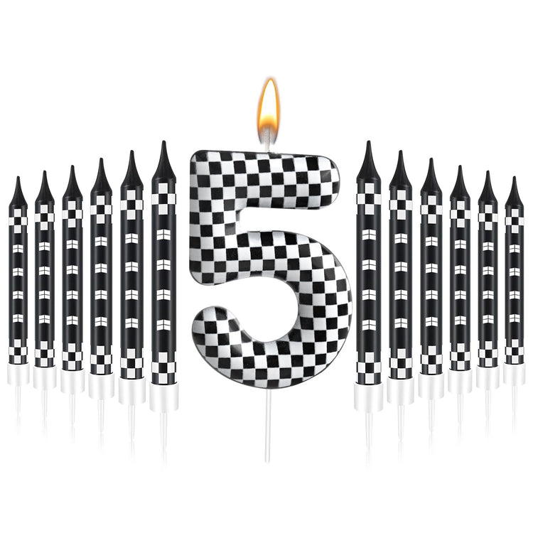 13 Pcs Racing Cars Themed Birthday Candles Black and White Race Number 5 Checkered Candle Cake Topper for Racing Car Party Decoration Supplies (13 Count)