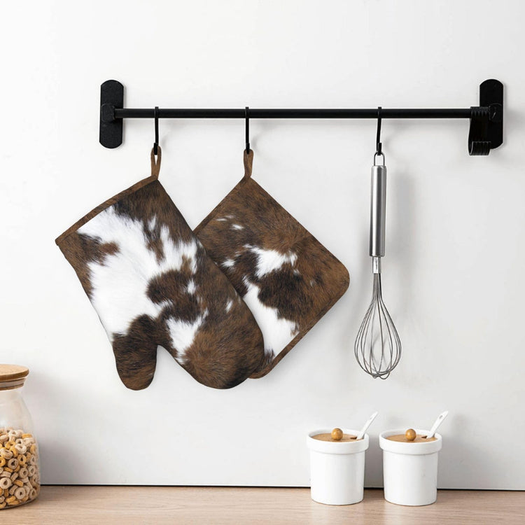 Cow Print Oven Mitts and Pot Holders Set of 4 Silicone Brown Cowhide Kitchen Mitten Gloves and Non