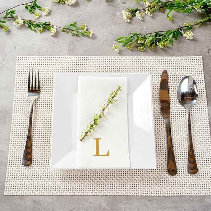 Luxenap 15.8 X 7.9 Inch Linen-Feel Guest Towels, 2000 Lettered Hand Towels - Gold Letter 'L', Sans Serif Font, White Paper Dinner Napkins, airlaid, For Restrooms And Tables