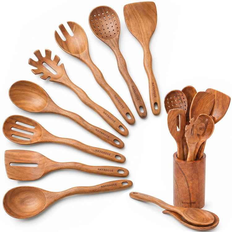 Kitchen 10PCS Teak Wooden Utensils Set With Holder and Spoon Rest (10 Count)
