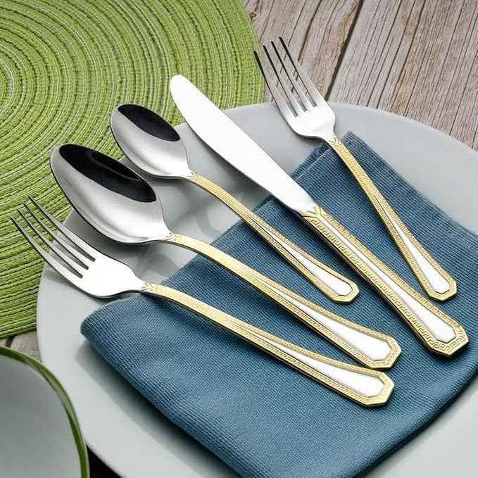 HOMEHUT 120-Pieces Vintage Gold Dinnerware and 18/10 Premium Stainless Steel Silverware Flatware Set - Greek Key Gold HQ Fine China Tableware Service for 12 People