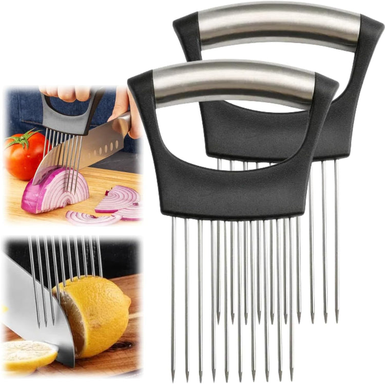 Stainless Steel Onion Slice Holder, Lemon Slicer Vegetable Cutter, Chopper Slicing Assistant Tool for Meat, Onion, Potato, Tomato Home Kitchen Tools (2 PCS)