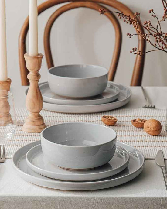 Famiware Milkyway Stoneware Dinnerware Sets with Mugs, Service for 6 (24 Pieces), Plates and Bowls Sets -Scratch Resistant, Microwave and Dishwasher Safe Dishes Set, Light Gray