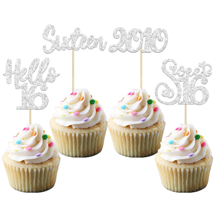 24Pcs 16th Birthday Cupcake Toppers Silver Glitter Hello 16 Sweet 16 Cupcake Picks 2010 16th Birthday Cake Decorations for Celebrating Anniversary Party Supplies (24 Count)