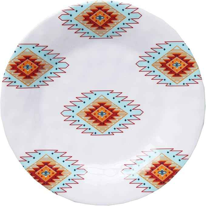 Paseo Road Southwest 14 Piece Melamine Plastic Dinnerware Set with Plates, Bowls and Serving Platter, Aztec Geometric Pattern, Western Southwestern Rustic Cabin Lodge Style