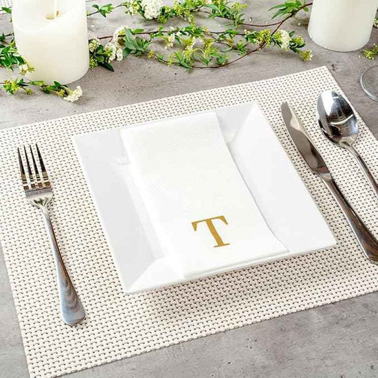 Luxenap 15.8 X 7.9 Inch Linen-Feel Guest Towels, 50 Lettered Hand Towels - Gold Letter 'T', Sans Serif Font, White Paper Dinner Napkins, airlaid, For Restrooms And Tables