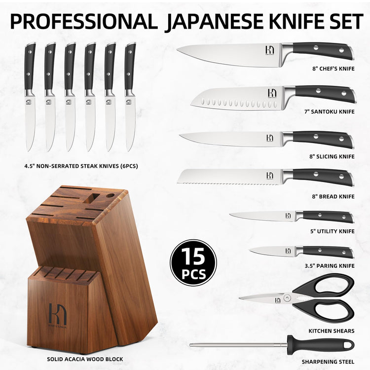 15 Pcs Japanese Knife Set with Sharpener