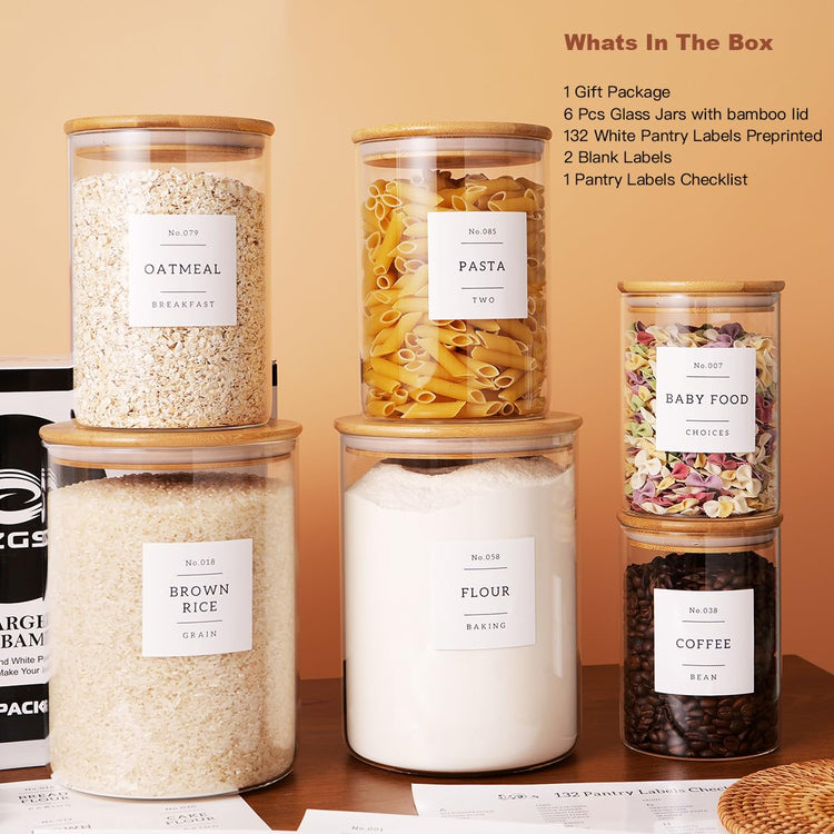 Set of 6 Glass Flour and Sugar jars with 132 Kitchen Pantry Labels