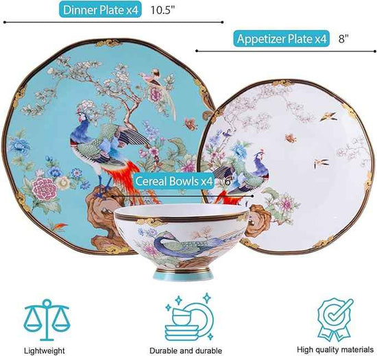ACMLIFE Bone China Dinnerware Set, Vintage Floral Fine China Dinnerware Sets, Porcelain Dinnerware Sets for 4, Light Blue 12 Piece Fine China Set Lightweight Dinnerware Set for Gifts (Blue)