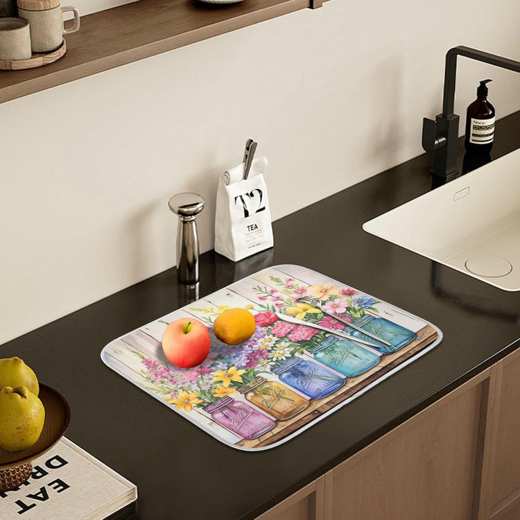 Spring Floral Jars Rustic Dish Drying Mat for Kitchen Counter Absorbent Microfiber Large Drying Pad Flowers Dish Mats for Kitchen Countertops 18 x 24 Inch