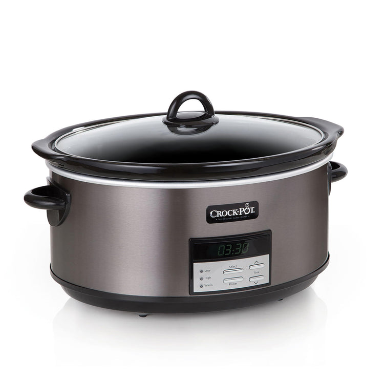Large 8 Quart Programmable Slow Cooker with Auto Warm Setting Black Stainless Steel