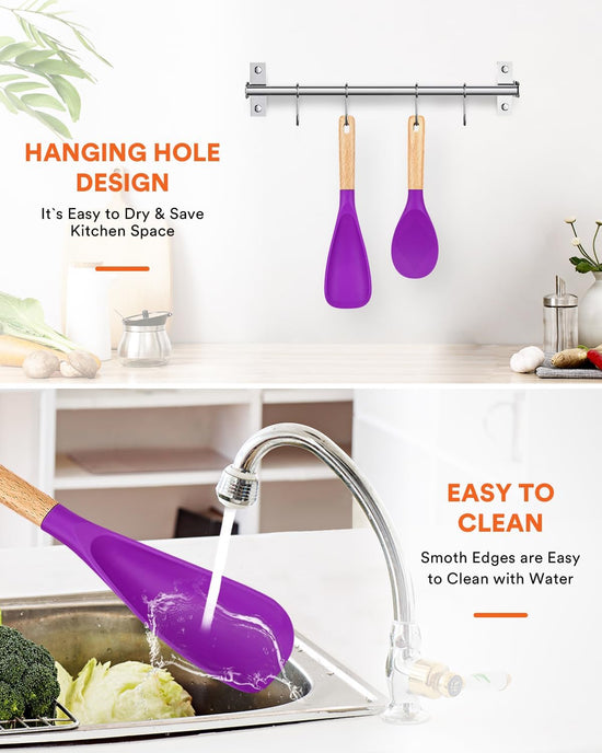 Cooking Spoon and Rice Scooper for Nonstick Cookwares, Great for Cooking and Serving Sturdy BPA-Free Matte Silicone, Wood Handle Spoon for Mixing, Scoop, and Scrape (BERRY) - Nestoria