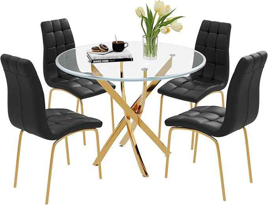 5 Piece Round Glass Dining Table Set, Round Tempered Glass Kitchen Table Set for 4, Modern Table Set with 4 High-Back Upholstered Chairs for Kitchen Dining Room (Gold Legs, 4 Black Chairs)
