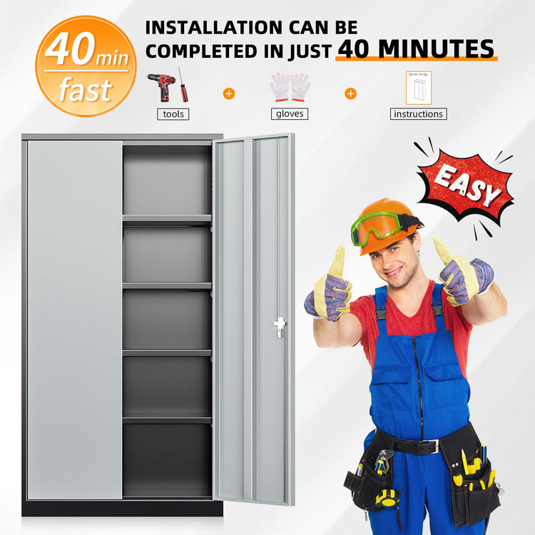 Metal Storage Cabinets 72” Black Grey Garage Steel Storage Cabinet with Doors and Shelves