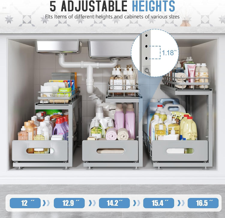2 Pack 21 in Depth Pull Out Cabinet Storage with Smooth Rails,2-Tier Dual Pull Out Cabinet Storage for Bathroom Kitchen,Under Sink Shelf-Gun Gray