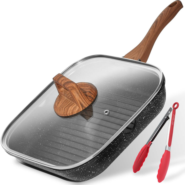 Nonstick Grill Pan with Lid & Tongs for Stove Tops