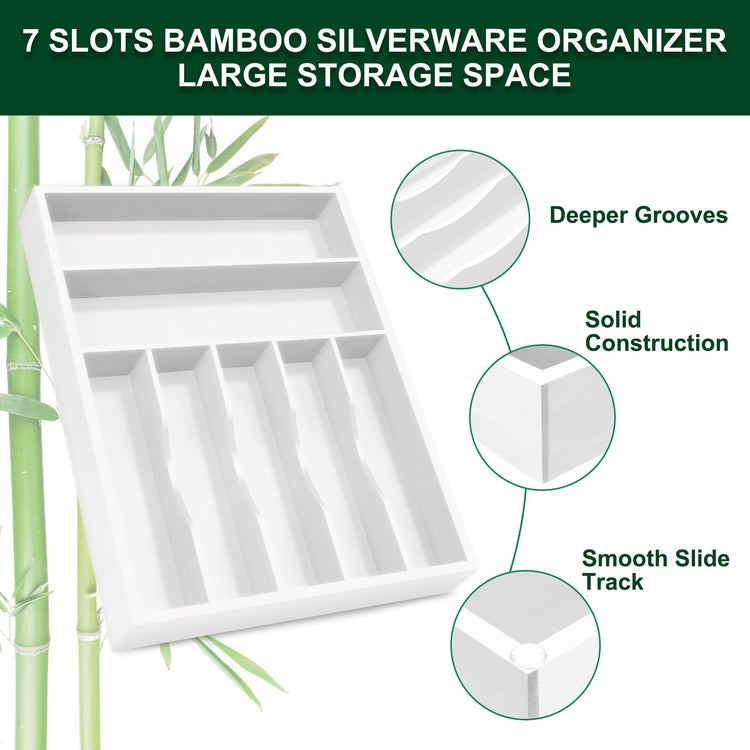 White Utensil Organizer 12.5 Inch Silverware Tray for Drawer Utensil Holder Cutlery Organizer Kitchen Drawer Organizer 7 Compartment Small Narrow Bamboo