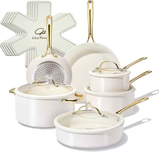 Chef Power Ceramic Cookware Sets, 15Pcs Pots and Pans Set Non Stick, Cookware Set with Stainless Steel Handle, Dishwasher & Oven Safe, Cream White and Light Gold Handle