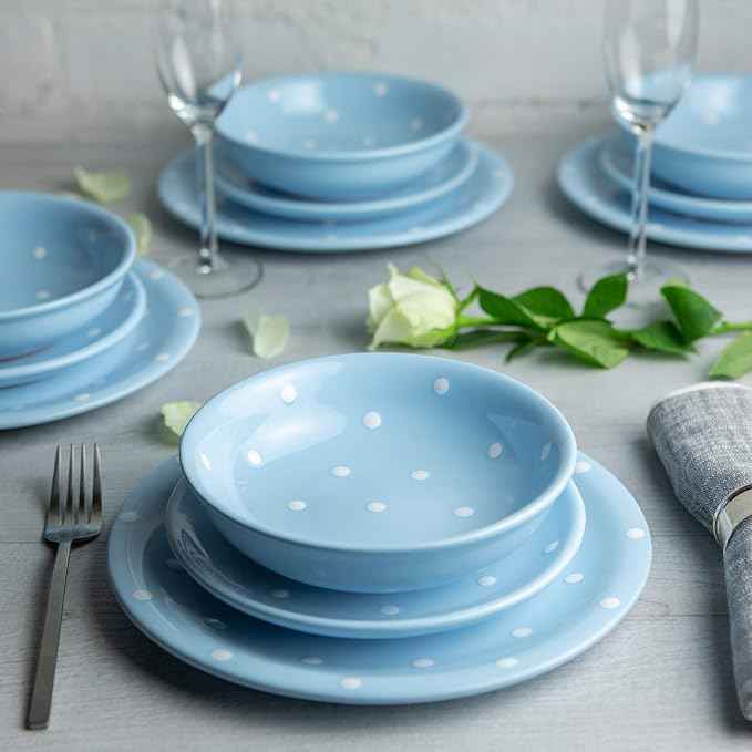 Handmade Light Sky Blue and White Polka Dot Ceramic 12 piece Dinnerware Set | Pottery Tableware Service for 4 | Dinner Plates | Side Plates | Bowls | Housewarming Gift by City to Cottage®