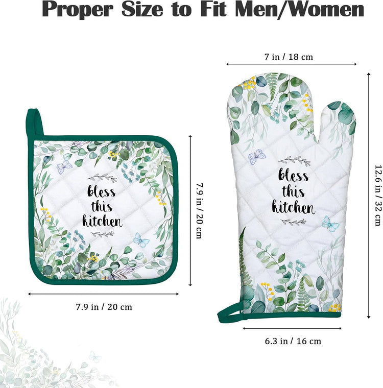 Eucalyptus Leaf Oven Mitts and Pot Holders Sets 4Pcs, 100% Cotton Heat Resistant, Extra Long Oven Gloves Potholder for Kitchen Cooking Baking Decoration