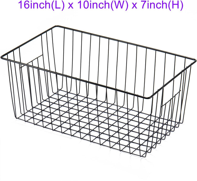16inch Freezer Wire Storage Organizer Baskets, Household Refrigerator Bins with Built-in Handles, Black, 6PACK