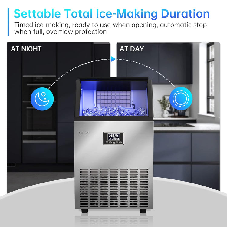 Commercial Ice Maker Machine, 100 lbs /24 h, 33 lbs Storage Bin, Stainless Steel, Compact, Embedded, Self-Cleaning, Perfect for Home/Office/Shop/Cafe, Includes Ice Scoop, Connection Hose