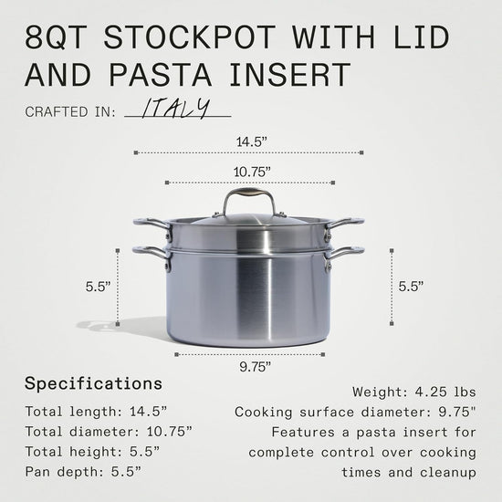 Made In Cookware - 8 Quart Stainless Steel Stock Pot With Lid and Pasta Insert - 5 Ply Stainless Clad - Professional Cookware - Crafted in Italy - Induction Compatible - Nestoria