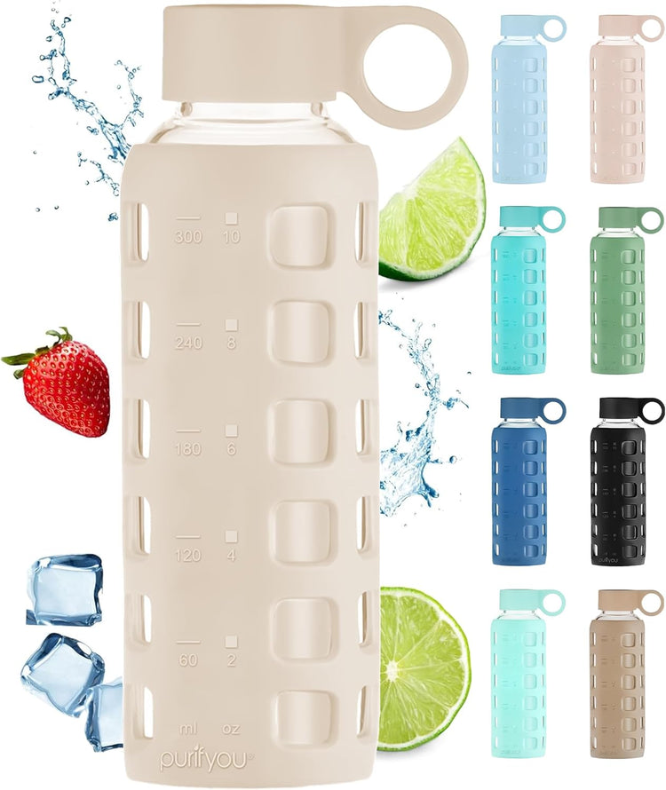 purifyou 40oz / 32oz / 22oz / 12oz Borosilicate Glass Water Bottle with Time & Volume Markers, Silicone Sleeve, Stainless Steel Lid – Reusable Glass Bottle for Water & Juice (12oz Pearled Ivory)