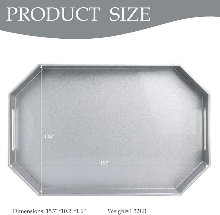 Spsyrine Silver Plastic Serving Tray for Ottoman, Coffee Table, Octagon Decorative Tray for Entertaining, Outdoor, Living Room, Home Decor