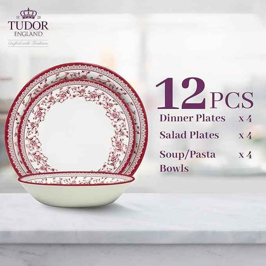 TUDOR Royal Collection 12-Piece Round Porcelain Dinnerware Set, Service for 4 with Dinner Plates, Bowls, and Salad Plates, Aster Pink Red Floral Design, High Gloss Finish, Durable & Premium Quality