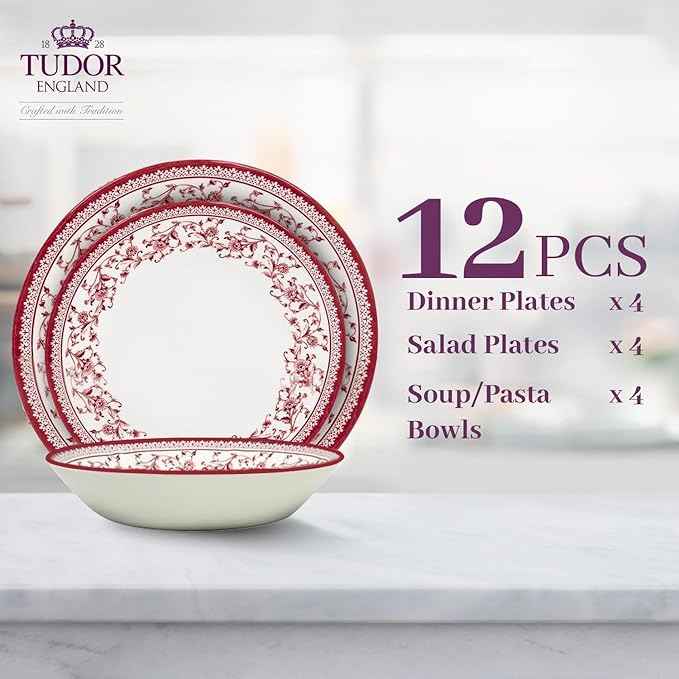 TUDOR Royal Collection 12-Piece Round Porcelain Dinnerware Set, Service for 4 with Dinner Plates, Bowls, and Salad Plates, Aster Pink Red Floral Design, High Gloss Finish, Durable & Premium Quality