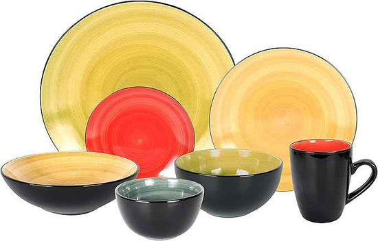 Stoneware Sonoma Dinnerware Set, Black + Speckled Spin Wash (56pc Set, Mix Blue, Green, Red, Yellow)
