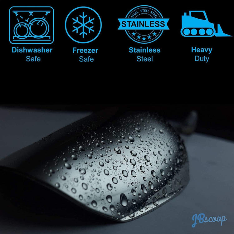 Large Ice Scoop with Holes. Stainless Steel Ice Scoop with Drain Holes to Reduce Unwanted Dilution. Heavy Duty and Dishwasher Safe. Six Ounce Capacity