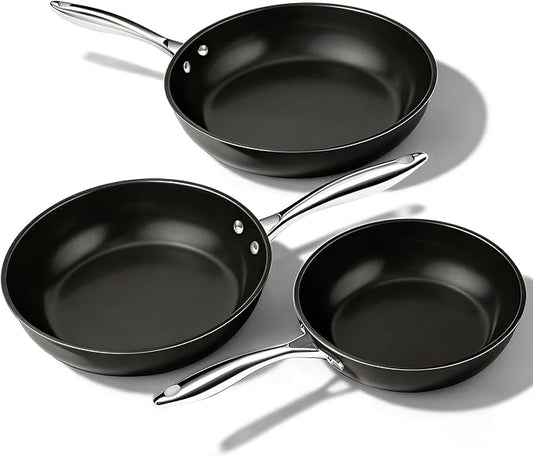 UUKRAVE Ceramic Nonstick Skillets Set (8"/9.5"/11") - Omelette Pans & Egg Pan for Healthy Cooking, Stay-Cool Handle, PFAS/PFOA/PTFE-Free, Oven/Dishwasher Safe for Busy Kitchen, Stackable, Black